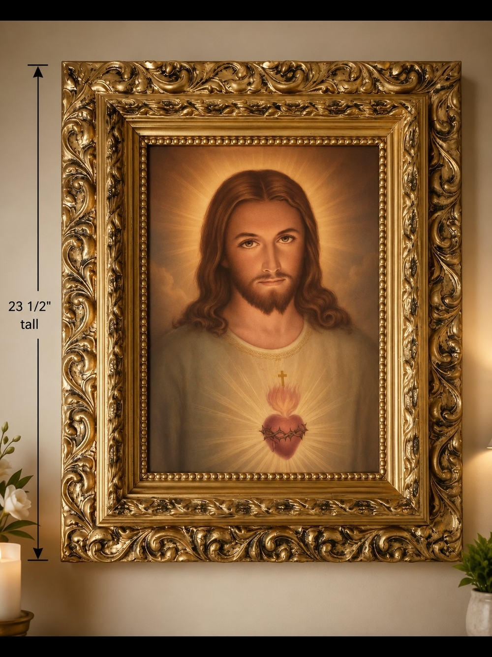 23 1/2" TALL Vintage SACRED HEART OF JESUS Print Gorgeous Gold Ornate Frame 1961